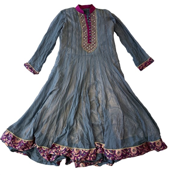 The Unbranded Brand Other - Vintage Indian Anarkali Long Tunic Dress Gray Magenta Beaded Embroidered Size 38